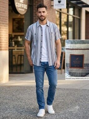 Denver Hayes Linen Blend Striped Short Sleeve Button Down Shirt - Medium